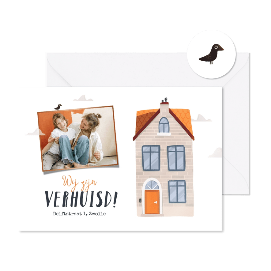 Verhuiskaart huis vogeltjes wolken housewarming - Kaartimpressie