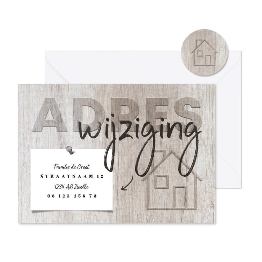Verhuiskaart huisje adreswijziging hout - Kaartimpressie