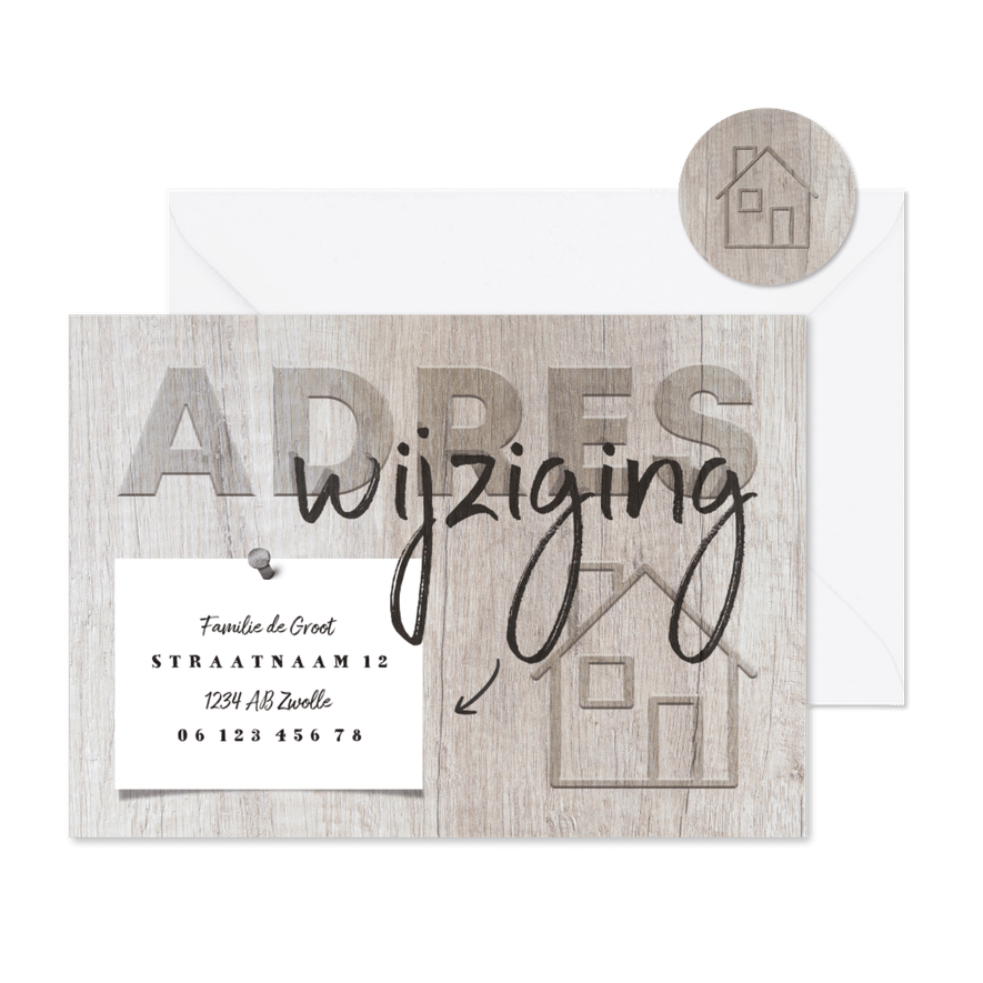 Verhuiskaart huisje adreswijziging hout - Kaartimpressie