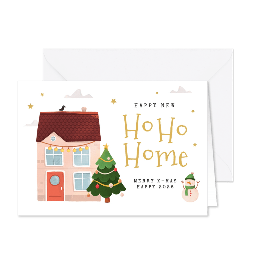 Verhuiskaart huisje kerstboom sneeuwpop sterren home - Kaartimpressie