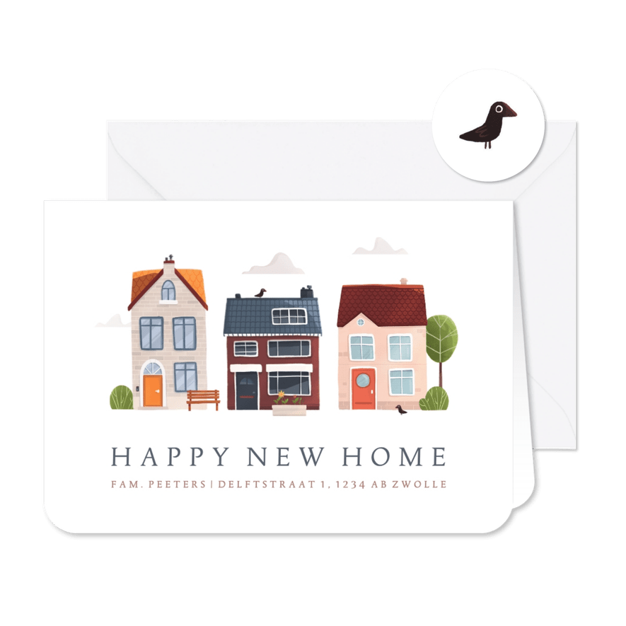Verhuiskaart huisjes boompjes vogeltjes illustratie sleutel - Kaartimpressie
