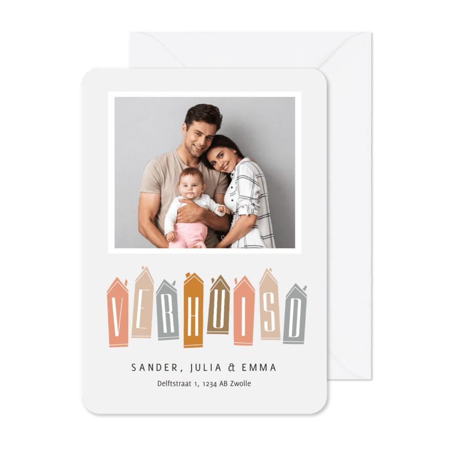 Verhuiskaart huisjes foto verhuisd modern typografisch - Kaartimpressie