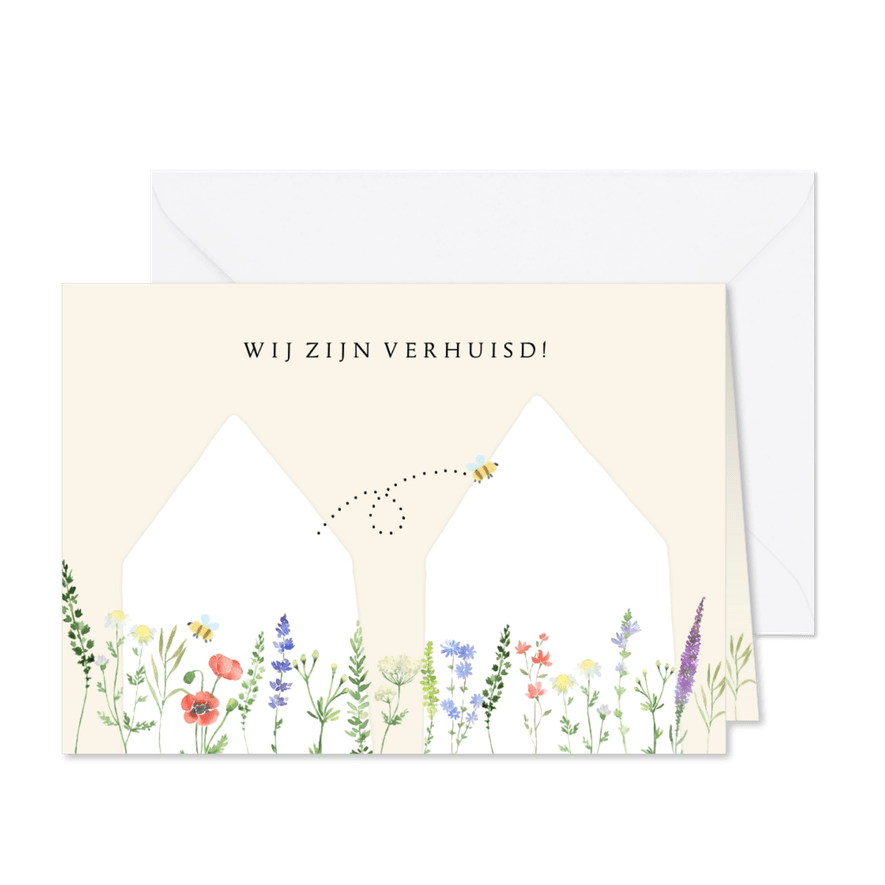 Verhuiskaart huisjes veldbloemen - Kaartimpressie
