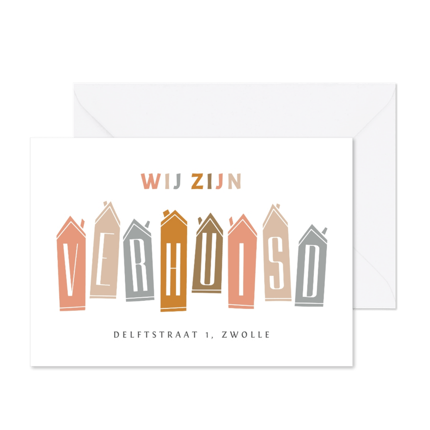 Verhuiskaart huisjes verhuisd modern typografisch - Kaartimpressie