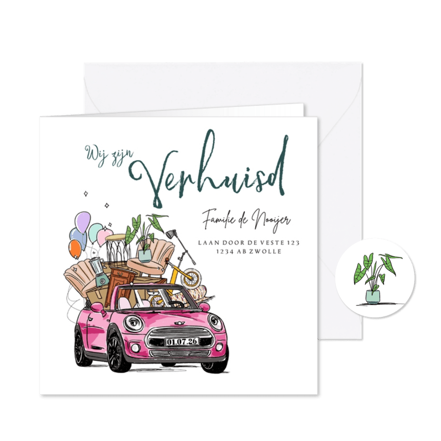 Verhuiskaart illustratie auto inboedel plant fiets ballonnen - Kaartimpressie