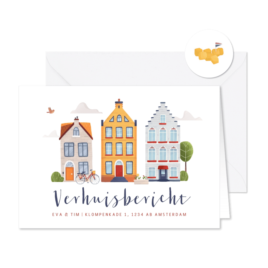 Verhuiskaart illustratie huisjes fiets verhuisbericht - Kaartimpressie