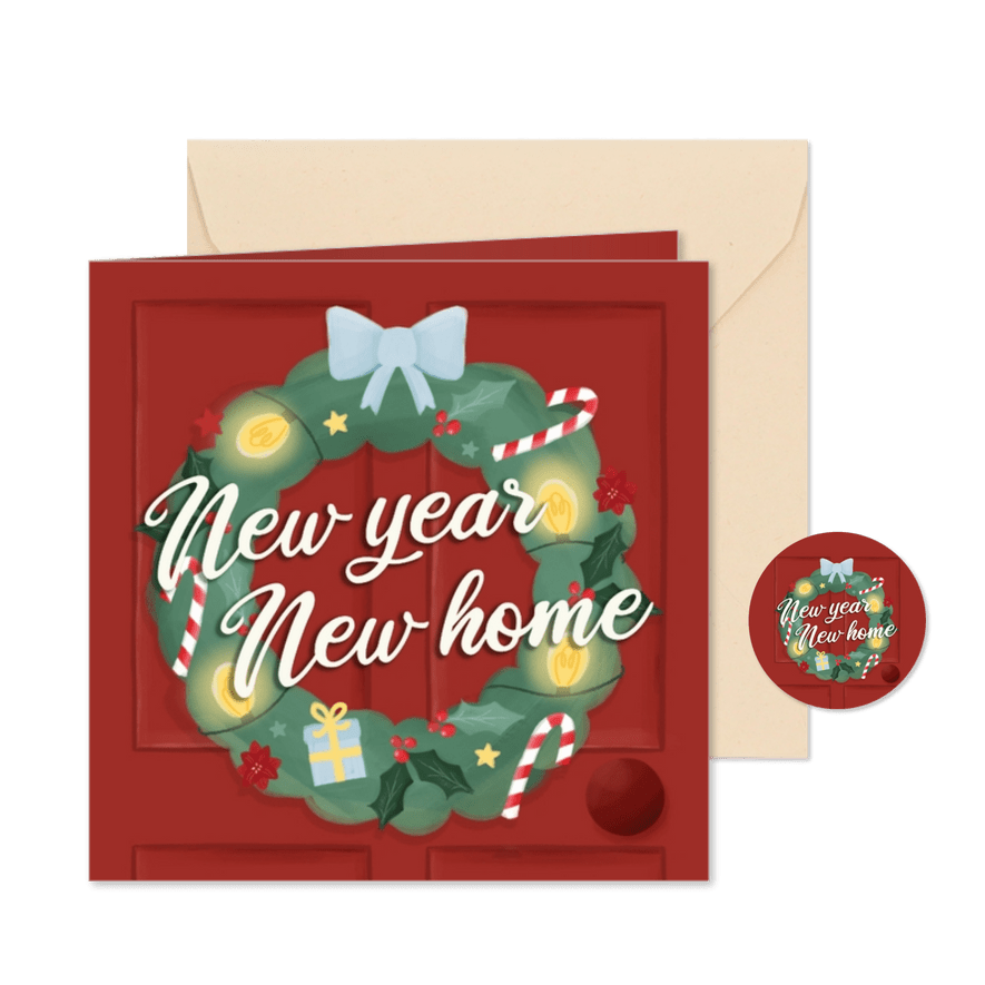 Verhuiskaart kerst deur met kerstkrans new year new home - Kaartimpressie