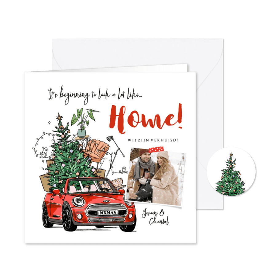Verhuiskaart kerst illustratie auto kerstboom inboedel foto - Kaartimpressie