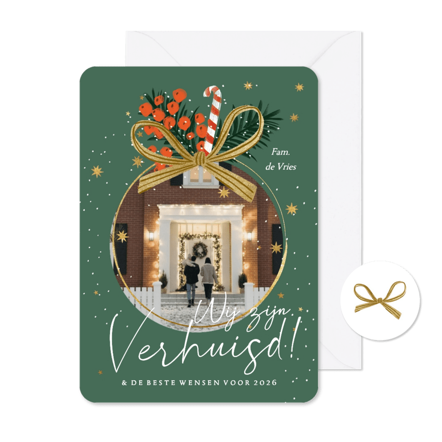 Verhuiskaart kerst kerstbal foto kersttak sneeuw sterren - Kaartimpressie