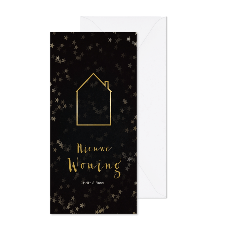 Verhuiskaart kerst langwerpig zwart met huis van goud - Kaartimpressie