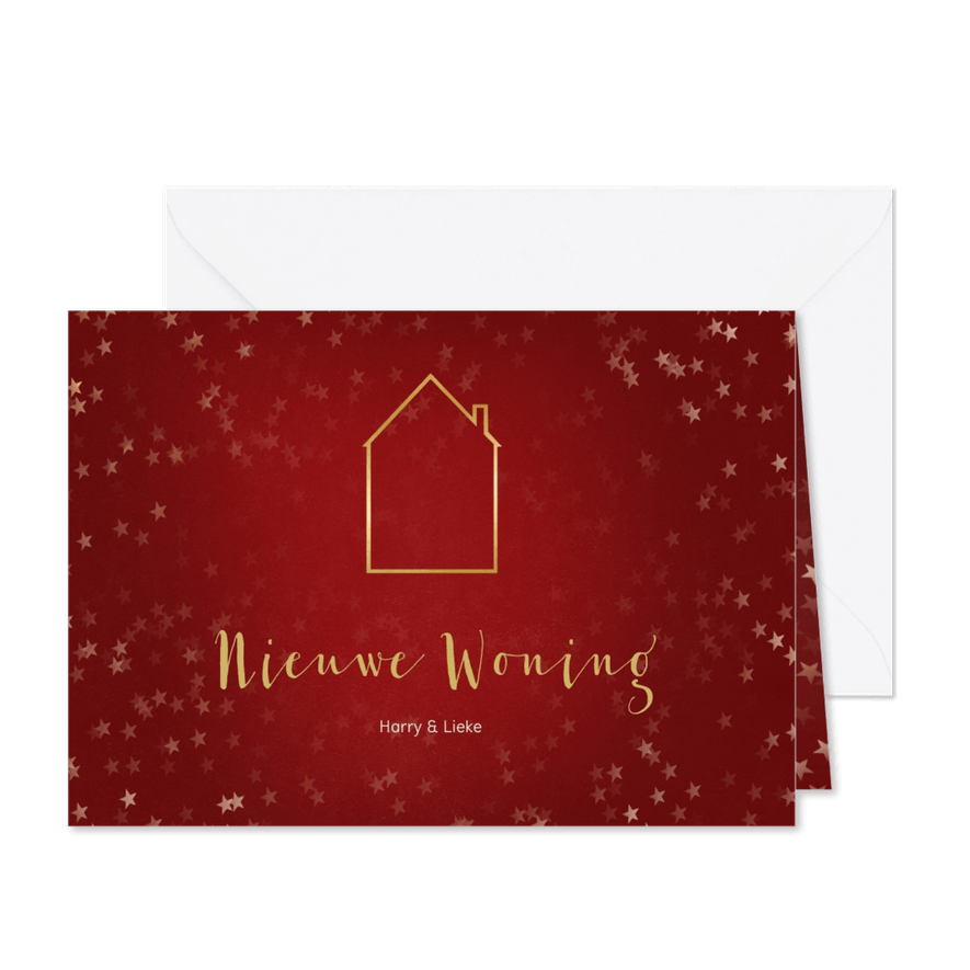 Verhuiskaart kerst liggend rood met huisje - Kaartimpressie