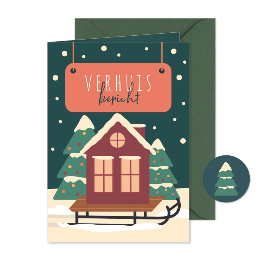 Verhuiskaart kerst met huis op slee - Kaartimpressie