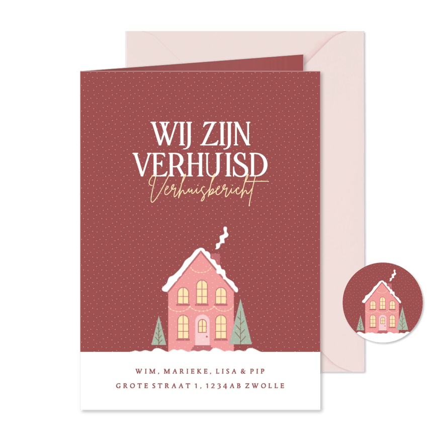 Verhuiskaart kerst rood met roze huisje en sneeuw - Kaartimpressie