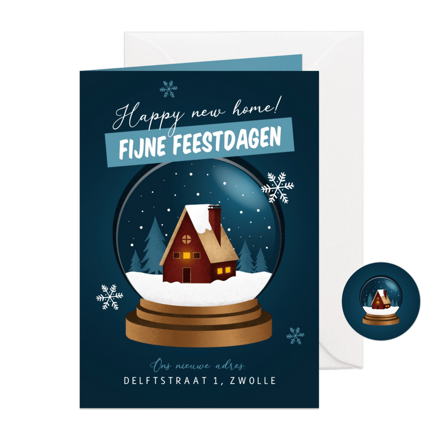 Verhuiskaart kerst sneeuwbol huis fijne feestdagen - Kaartimpressie