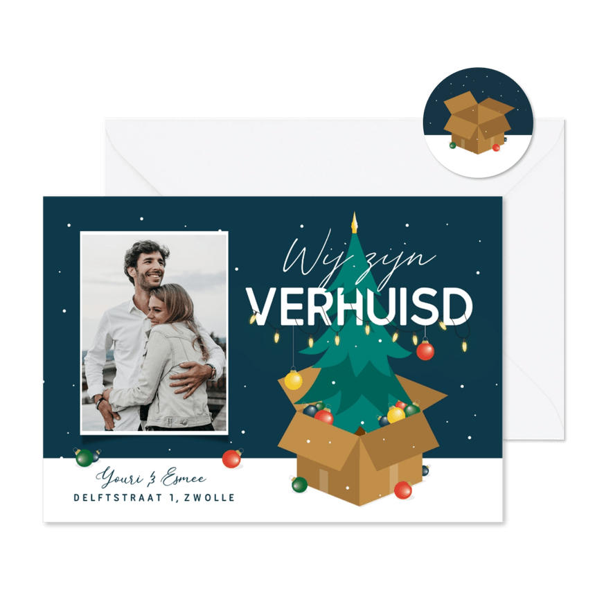 Verhuiskaart kerstballenkerstboom winter sneeuw kerst - Kaartimpressie