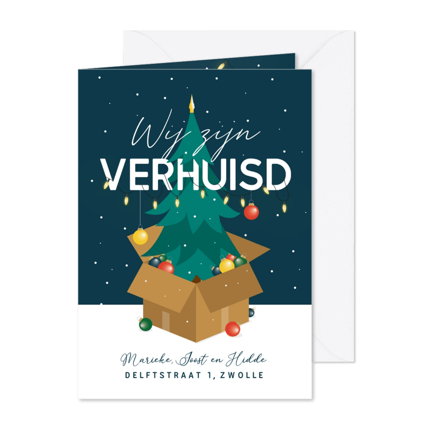 Verhuiskaart kerstboom kerstballen winter - Kaartimpressie