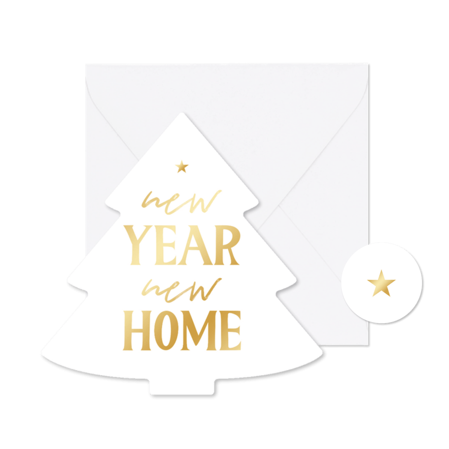 Verhuiskaart kerstboomvorm wit new year new home - Kaartimpressie
