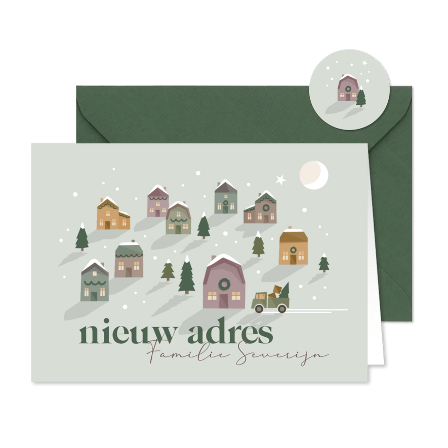 Verhuiskaart kersthuisjes met verhuiswagen - Kaartimpressie