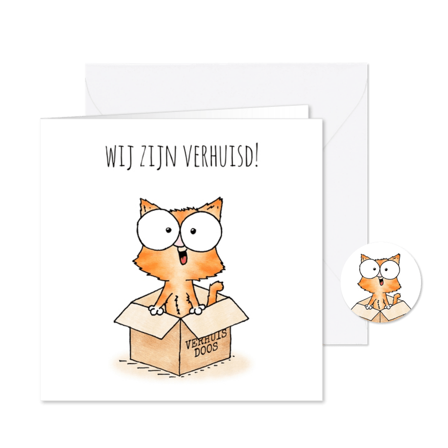 Verhuiskaart - kitten in verhuisdoos - Kaartimpressie