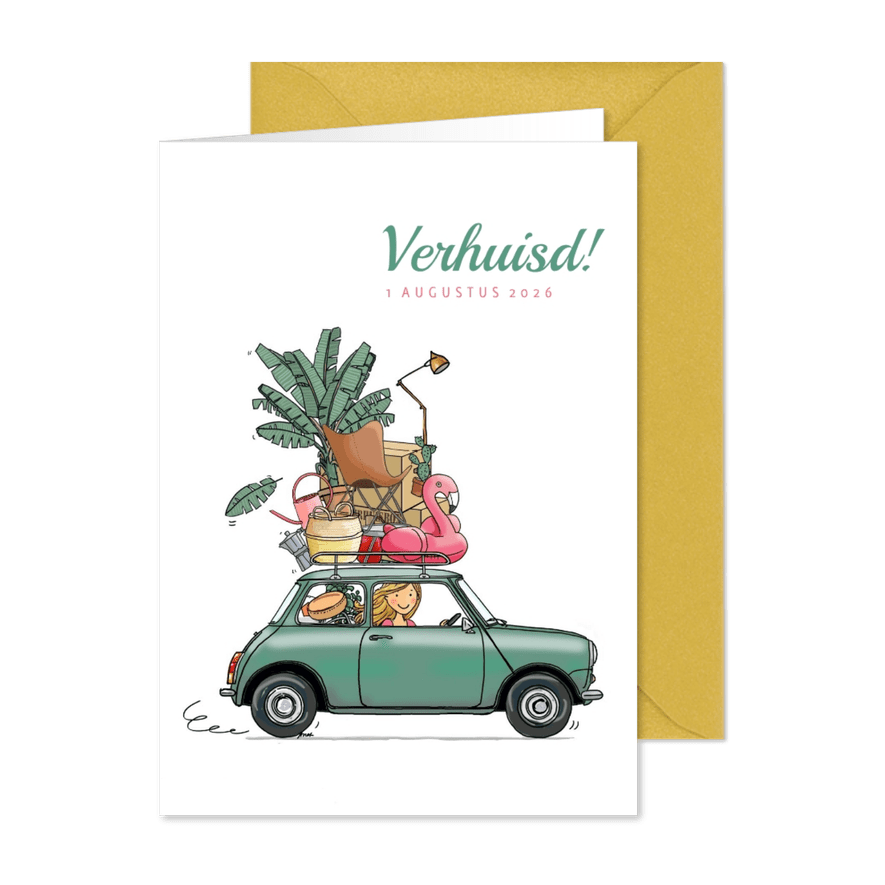Verhuiskaart kleine auto groen met spullen - Kaartimpressie