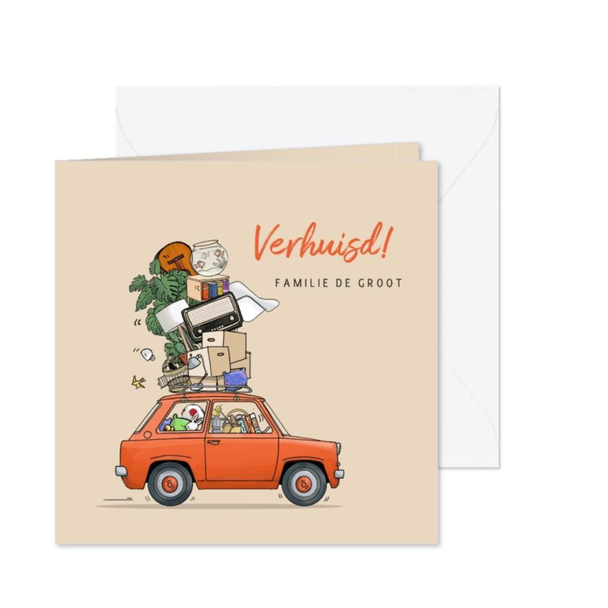 Verhuiskaart kleine auto rood met verhuisspullen - Kaartimpressie