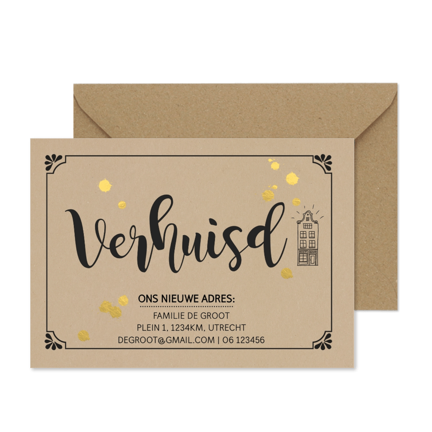 Verhuiskaart kraftlook met goudlook - Kaartimpressie