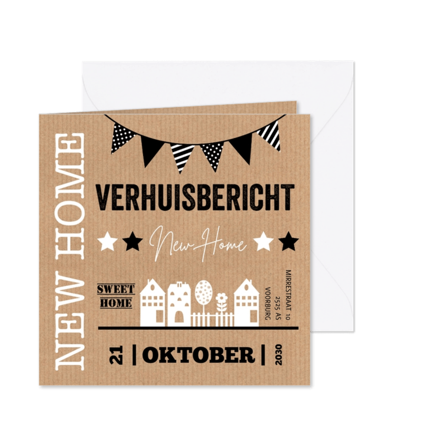 Verhuiskaart kraftlook slinger typografie huisjes - Kaartimpressie