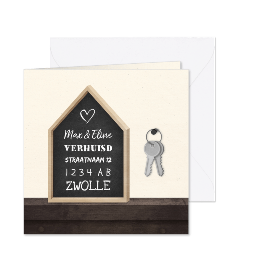 Verhuiskaart krijtbord huis met sleutelbos - Kaartimpressie