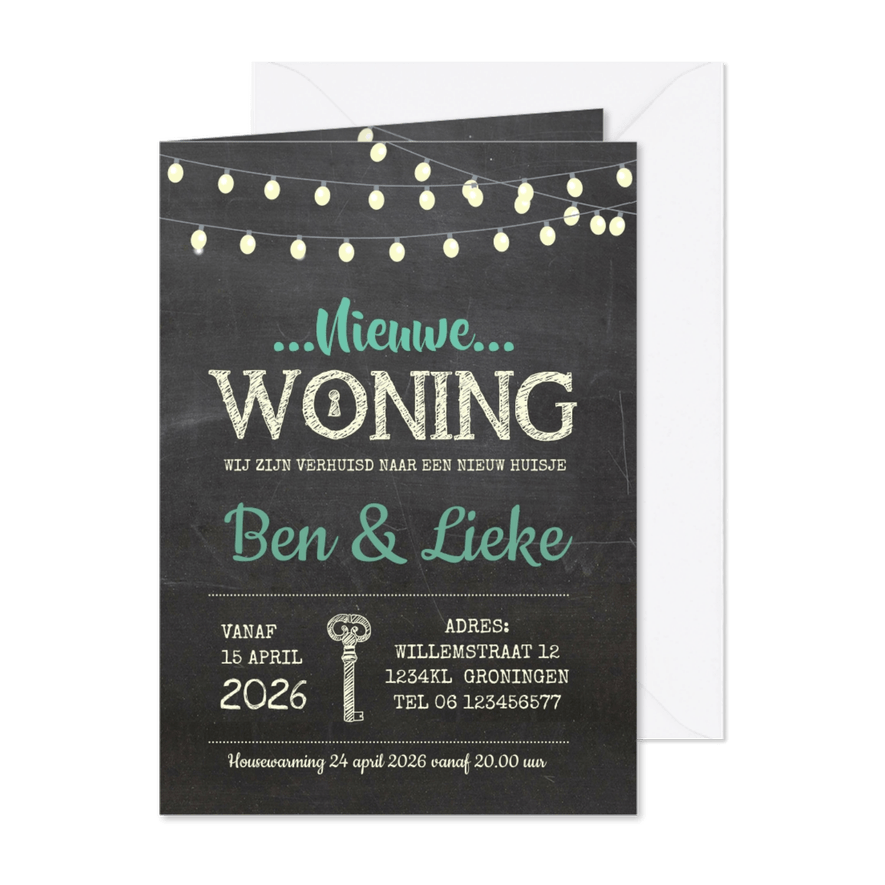 Verhuiskaart krijtbord sleutel - Kaartimpressie