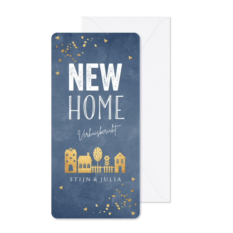 Verhuiskaart langwerpig blauw goudlook huisjes - Kaartimpressie