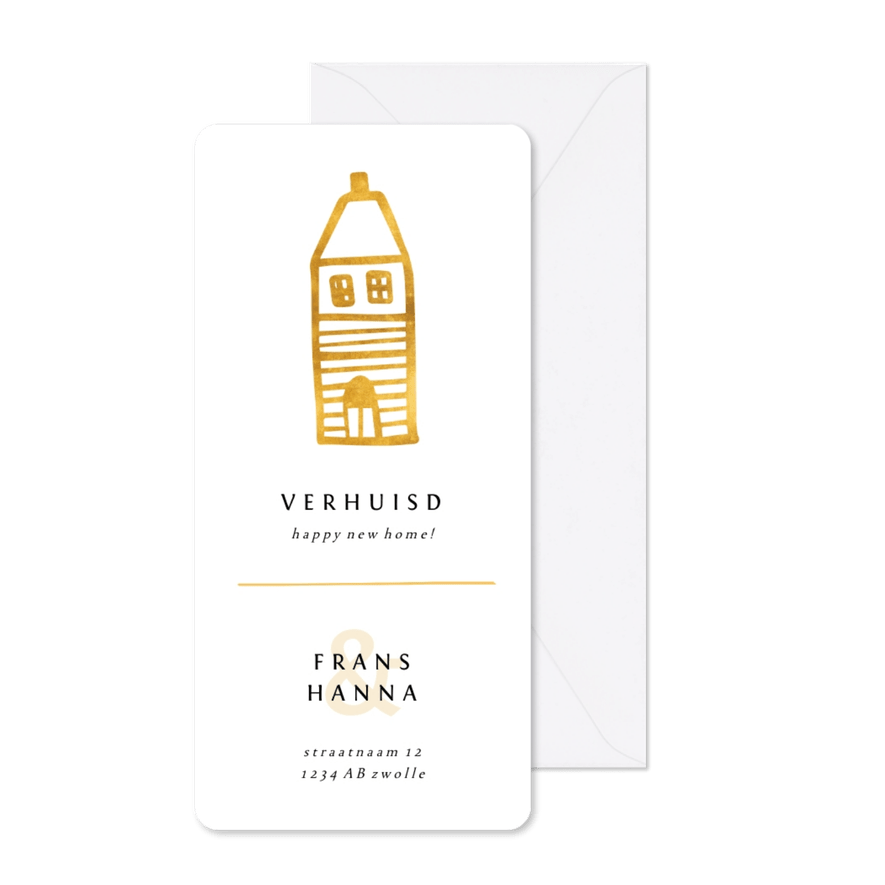 Verhuiskaart langwerpig met gouden huisje - Kaartimpressie