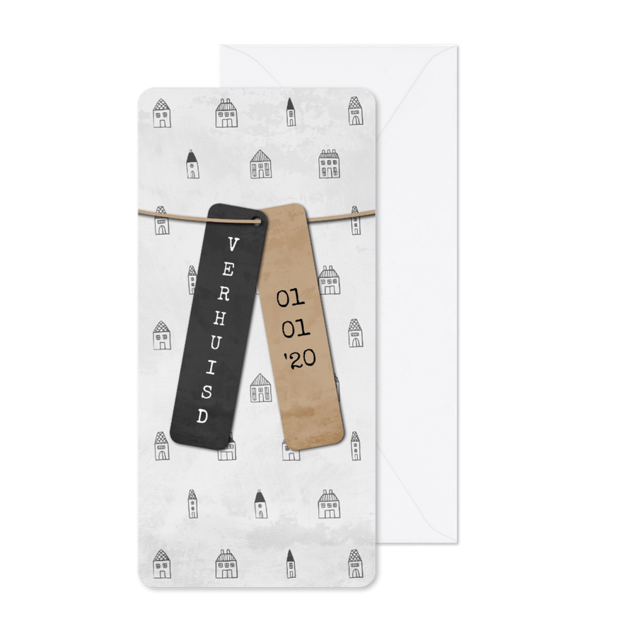 Verhuiskaart langwerpig met labels en huisjes patroon - Kaartimpressie