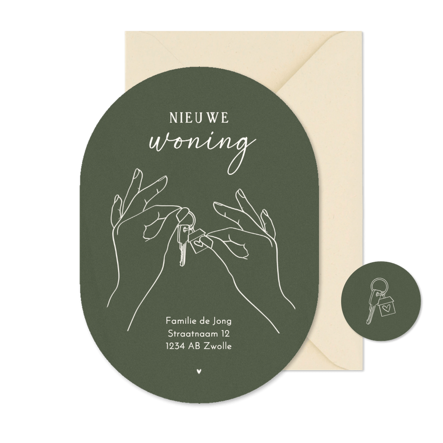 Verhuiskaart lijntekening handen sleutels ovaalvorm groen - Kaartimpressie