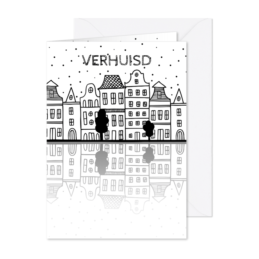 Verhuiskaart met Amsterdamse huisjes en reflectie - Kaartimpressie