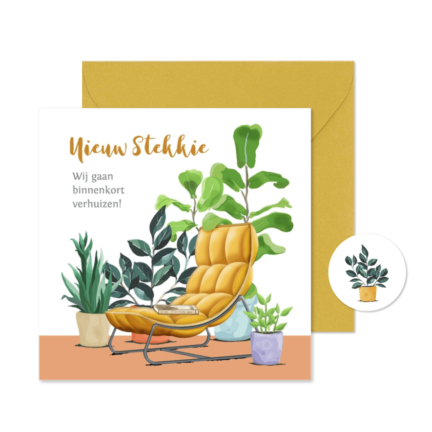 Verhuiskaart met div. planten en moderne stoel - Kaartimpressie