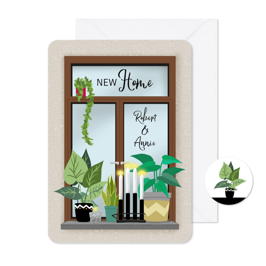 Verhuiskaart met diverse planten en kaarsen in vensterbank - Kaartimpressie