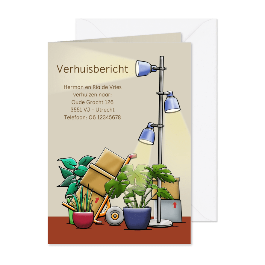 Verhuiskaart met diverse planten en lamp en dozen - Kaartimpressie
