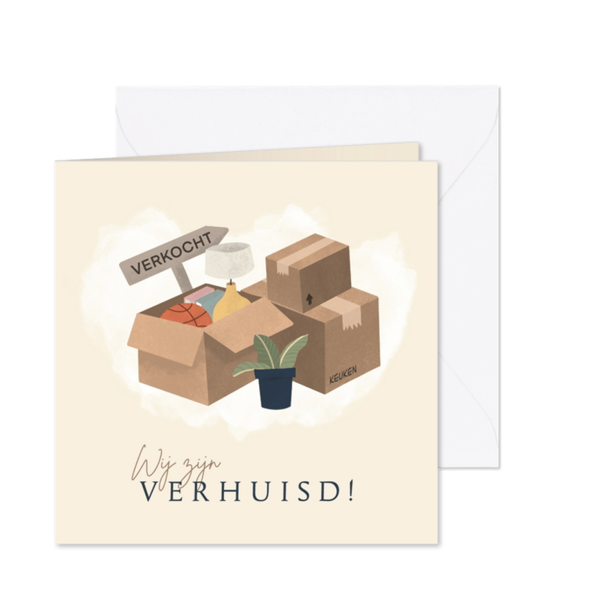 Verhuiskaart met dozen en plant - Kaartimpressie