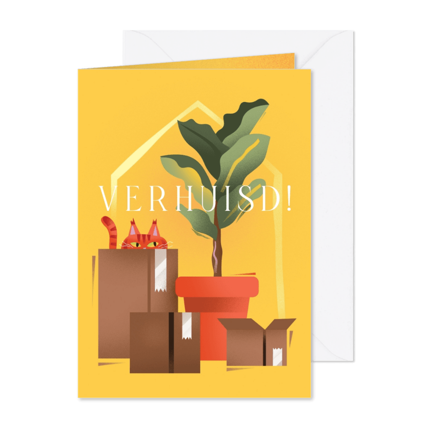 Verhuiskaart met dozen planten en kat - Kaartimpressie