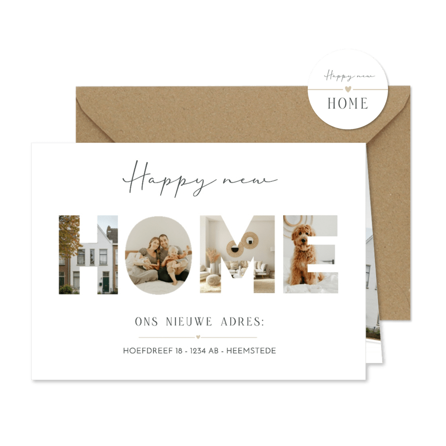 Verhuiskaart met eigen foto's in de letters H O M E - Kaartimpressie
