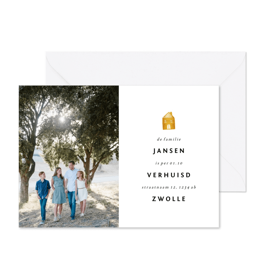 Verhuiskaart met foto en gouden huisje - Kaartimpressie