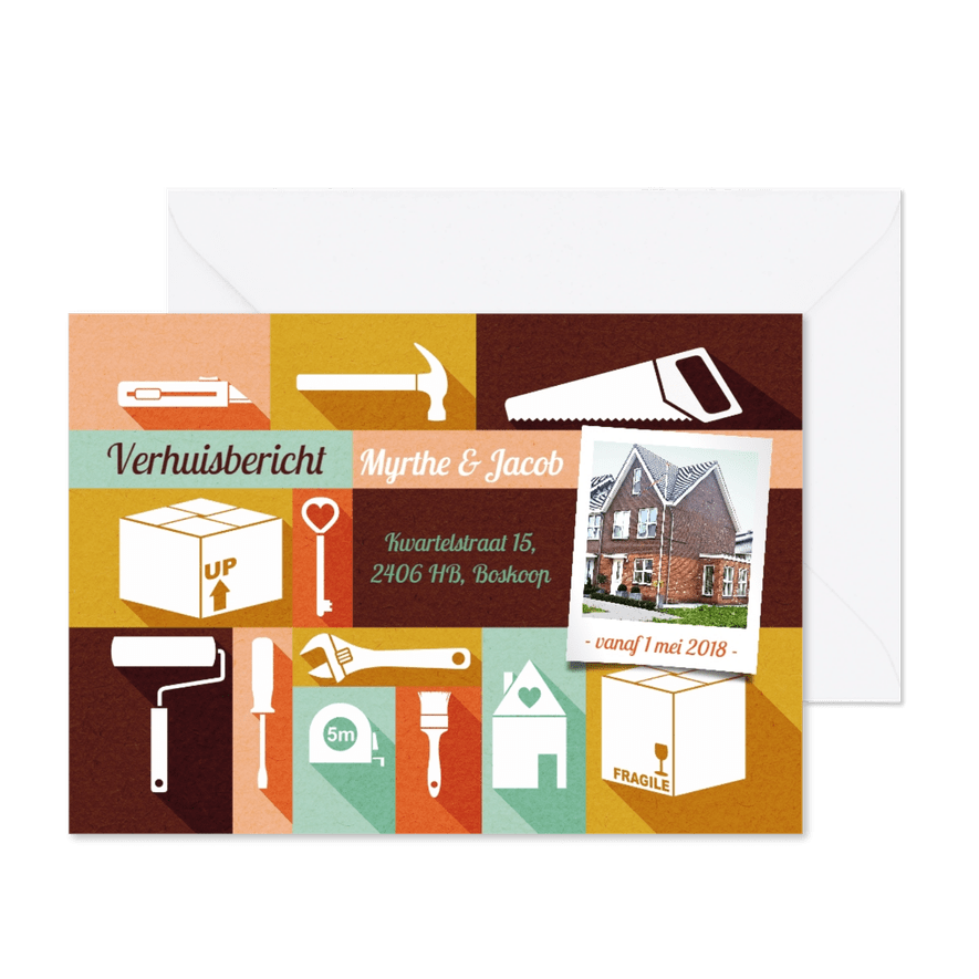 Verhuiskaart met foto, gereedschap kleurtjes - Kaartimpressie