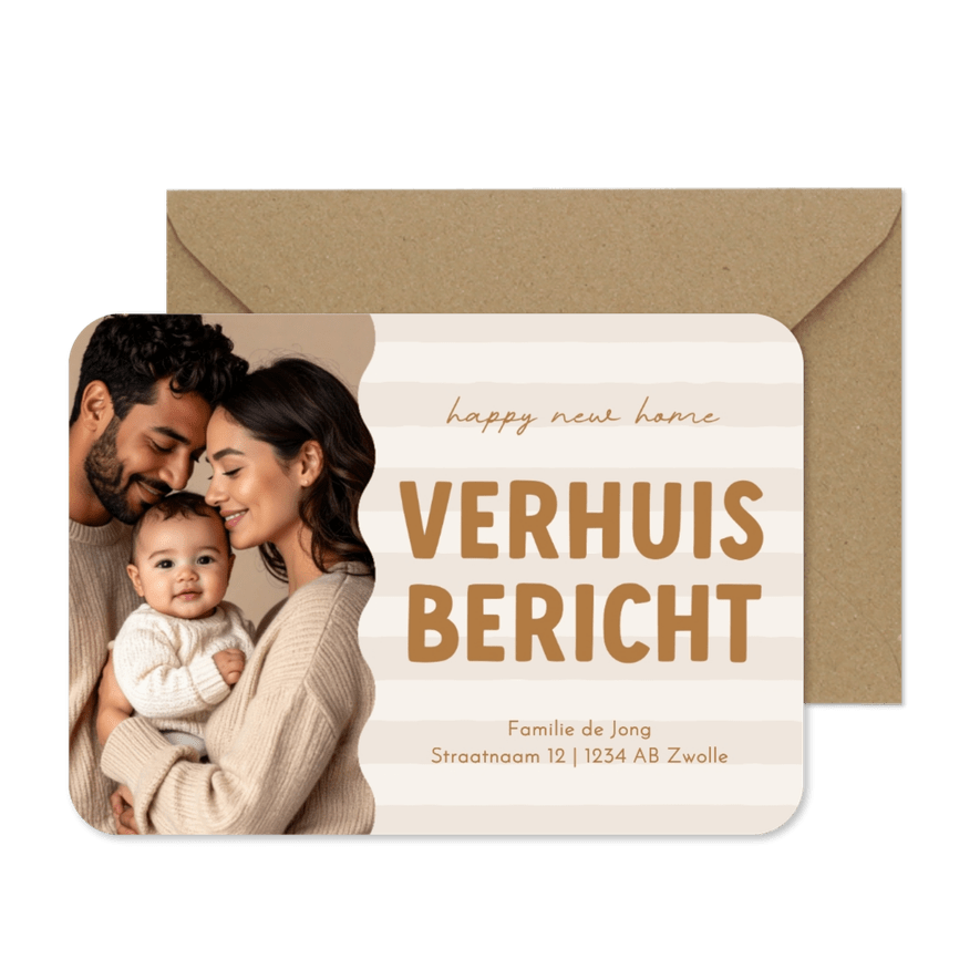 Verhuiskaart met foto verhuisbericht beige streepjes - Kaartimpressie