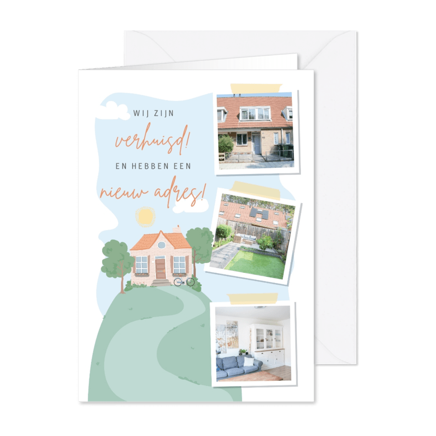 Verhuiskaart met fotocollage en illustratie van een huis. - Kaartimpressie
