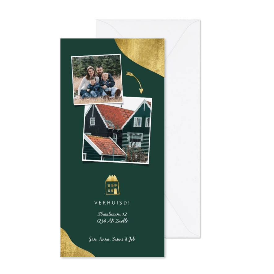 Verhuiskaart met foto's en gouden accenten - Kaartimpressie