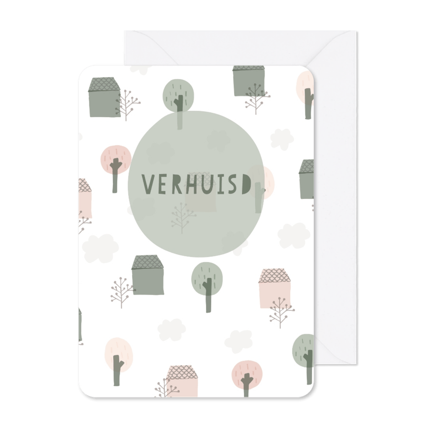 Verhuiskaart met geïllustreerde huisjes, bomen en wolken - Kaartimpressie