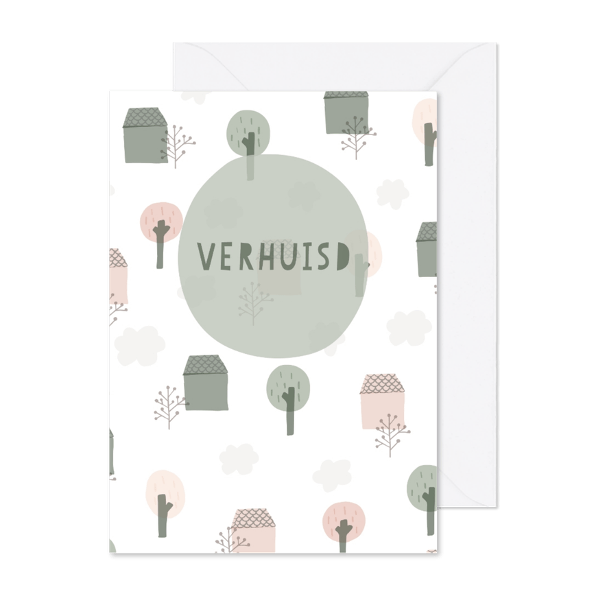 Verhuiskaart met geïllustreerde huisjes, bomen en wolken - Kaartimpressie