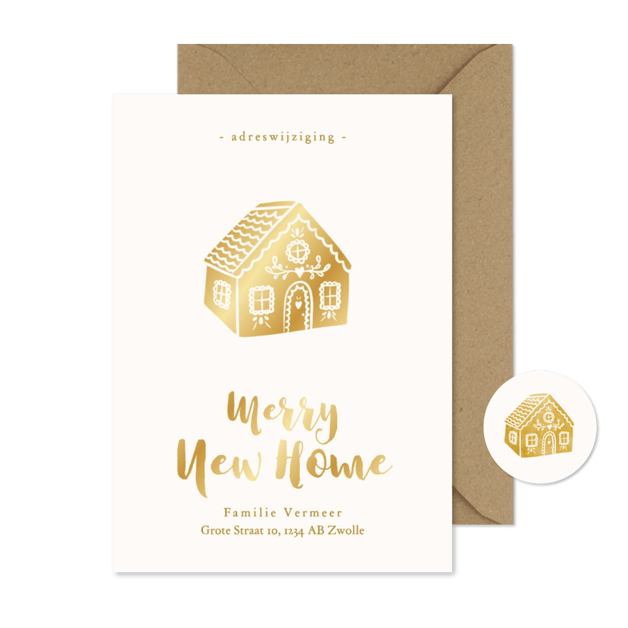 Verhuiskaart met gouden koekhuisje adreswijziging kerst - Kaartimpressie