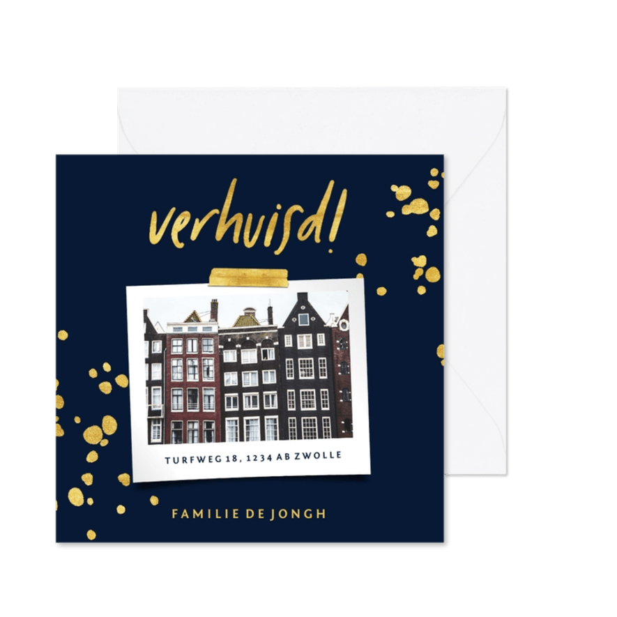 Verhuiskaart met gouden spetters en foto - Kaartimpressie