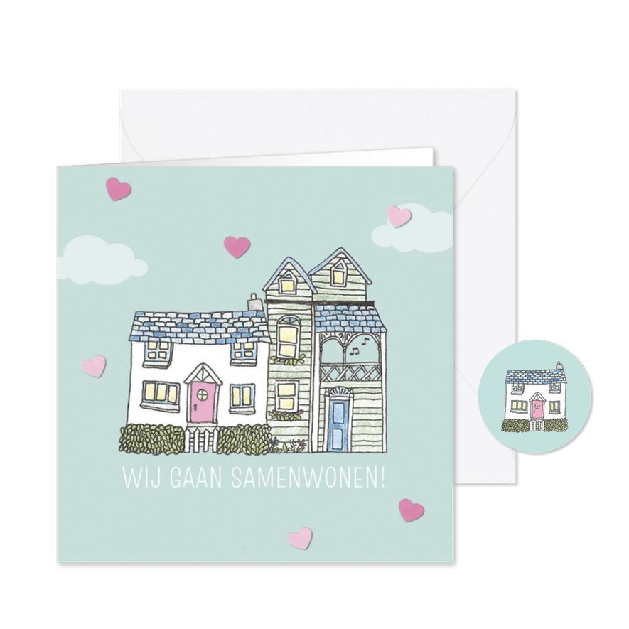 Verhuiskaart met hartjes en twee schattige huisjes - Kaartimpressie